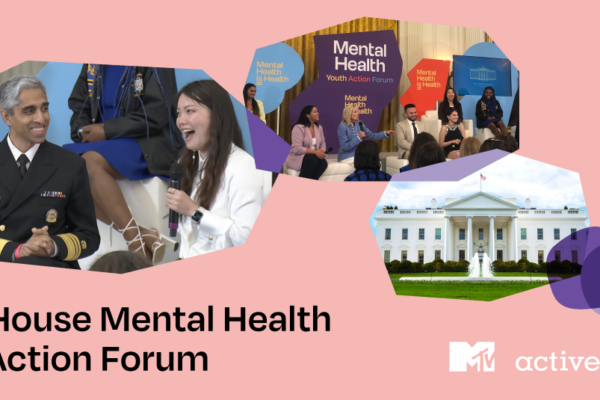 Collage of photos including Active Minds Speaker Diana Chao with Surgeon General Dr. Vivek H. Murthy, Dr. Jill Biden and Selena Gomez on stage with a group of young adult mental health leaders, and a photo of the White House. Text reads 