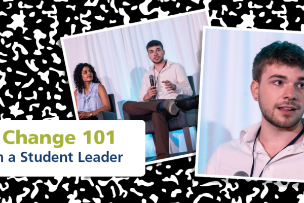 Black-and-white composition notebook background with photos of author Trace Terrell onstage during a panel at the 2023 Active Minds National Conference. Text reads, 