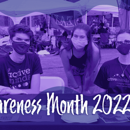 Photo of Active Minds students from the University of Arizona with a purple overlay and text reading 