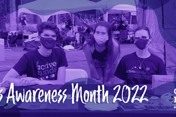 Photo of Active Minds students from the University of Arizona with a purple overlay and text reading 