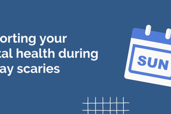 Blue background with abstract shapes and calendar reading 