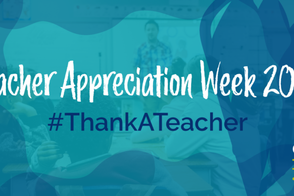 Photo of a teacher in front of a classroom in the background, with a blue and teal overlay and text reading 