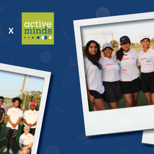 Photos from Active Minds and Optum golf clinic with Active Minds and Optum logos.