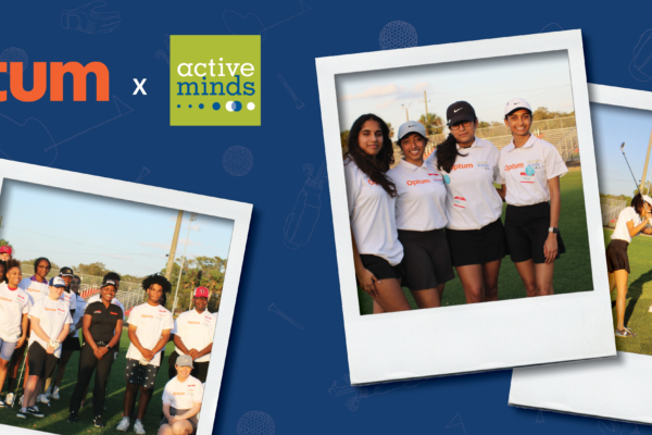 Photos from Active Minds and Optum golf clinic with Active Minds and Optum logos.