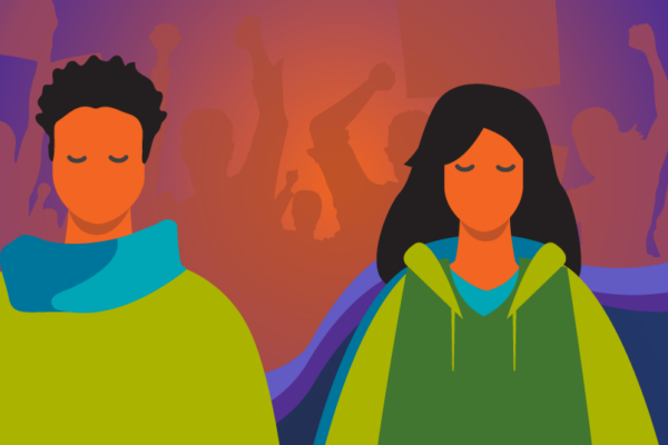 Two figures standing in front of a crowd of silhouettes with signs and fists raised.