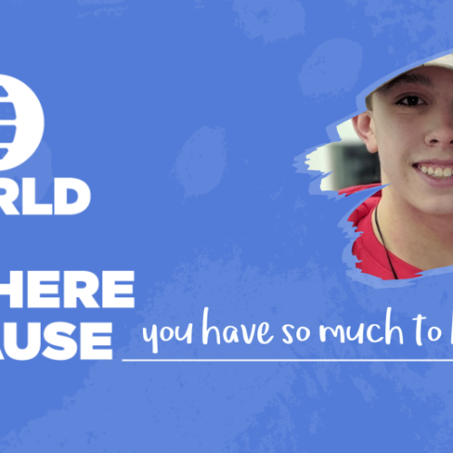 Blue background with photo of Langdon Woo and his mother Alice in the top right-hand corner; white 