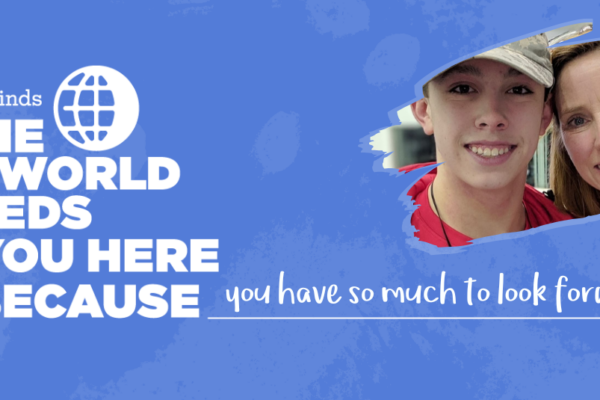 Blue background with photo of Langdon Woo and his mother Alice in the top right-hand corner; white 