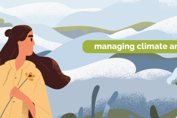 Illustrated image of woman holding a flower looking off in the distance with an abstract nature scene behind her. Text reads, 