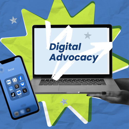 Laptop reads ‘Digital Advocacy’ beside a phone showing social media apps.
