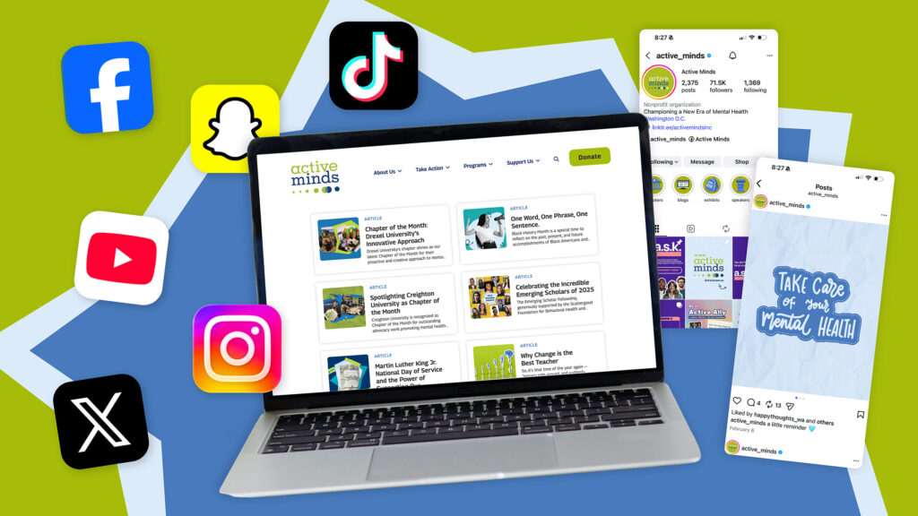 Laptop with Active Minds site, surrounded by social media icons and posts.