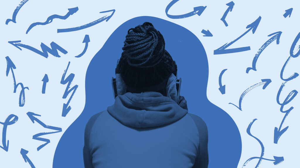 Person in headphones overwhelmed by arrows and scribbles of digital noise.