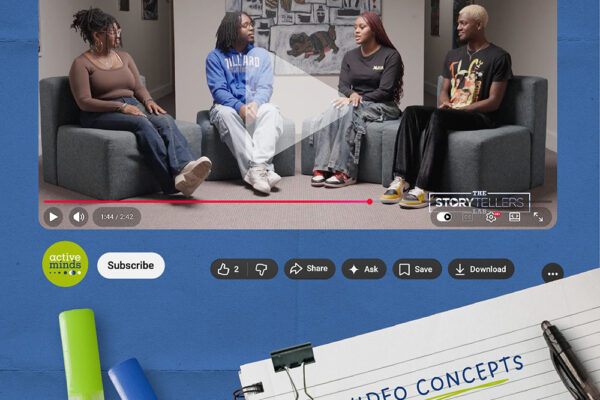 Video interview scene above a notebook labeled ‘Video Concepts'.